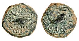 DERTOSA. Semis. Augusto. A/ Nave a izq.; MVN HIBERA/IVLIA. R/ Delfín y timón a der.; ILERCAVON(IA). AE 4,54 g. 19 mm. RPC-206. APRH-206. ACIP-3178. CC-4469, mismo ejemplar*. Pátina oscura. MBC/BC+. Rarísima.