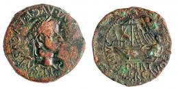 DERTOSA. As. Augusto. A/ Cabeza laureada a der.; TI C(AESAR) DIVI AVG F AVGVSTVS. R/ Nave a izq.; DERT/ M HI ILERCAVONIA. Contramarca espiga. AE 7,67 g. 25 mm. RPC-207. APRH-207b. ACIP-3179a. CC-4471, mismo ejemplar. Vano en anv. MBC. Escasa.