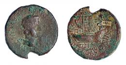 DERTOSA. As. Tiberio. A/ Cabeza laureada a der.; (TI CAESAR DIVI AVG F) AVGVSTVS F. R/ Nave a izq.; DERT/(M HI)ILERCAVONIA. Contramarca espiga. AE 8,28 g. 25 mm. RPC-207. APRH-207b. ACIP-3179a. CC-4472, mismo ejemplar. Cospel irregular. RC/MBC. Rara.