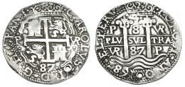 1063  -  CARLOS II. 8 reales. 1687. Potosí. VR. Tipo real. HISPANI al final de la ley. de anv. Lázaro-220 (R2). AR 26,26 g. Agujero. MBC. Rara.