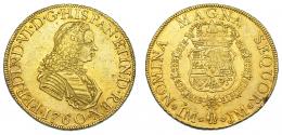 1083  -  FERNANDO VI. 8 escudos. 1760. Lima. JL. VI-592. Pequeñas marcas. Golpecito en gráfila. MBC+/EBC-. 