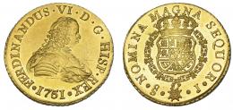 1086  -  FERNANDO VI. 8 escudos. 1751. Santiago J. VI-632. Leve acuñación floja en la corona. EBC+.