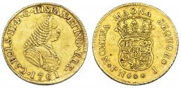 1097  -  CARLOS III. 4 escudos. 1761. Popayán. J. VI-1516. Golpecitos en anv. y rev. MBC-. Rara.
