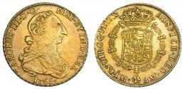 1098  -  CARLOS III. 8 escudos. 1765. Lima. JM. VI-1587. Pequeñas marcas. Pátina irregular. MBC+. Rara.