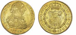 1119  -  CARLOS IV. 8 escudos. 1789. Lima. IJ. VI-1295. Pequeñas marcas y rayitas de ajuste. MBC+/EBC-. Escasa. 