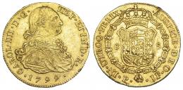1120  -  CARLOS IV. 8 escudos. 1799. Popayán. JF. VI-1379. golpe y grietas en gráfila y pequeñas marcas. MBC.