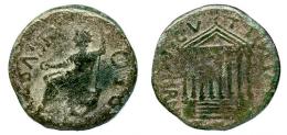 TARRACO. Dupondio. Tiberio. A/ Augusto en silla curul a izq. con pátera y cetro; DEO (AV)GVST(O). R/ Tempo octástilo; AETERN(ITATIS AV)GVSTAE C V T T. AE 12,37 g. 29 mm. RPC-224. APRH-224. ACIP-3267. CC-4489, mismo ejemplar. Pátina verde. BC-/BC+. Muy escasa.