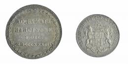 1144  -  ISABEL II. Serie 2 medallas de Proclamación. 1833. Barcelona. AR. Módulos 2 y 1 real. H-5 y 6. EBC-.