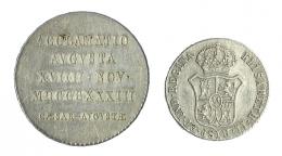 1157   -  ISABEL II. Serie de 2 medallas de Proclamación. 1833. Zaragoza. AR. Módulos 2 y 1 real. H-26 y 37. EBC-/MBC.