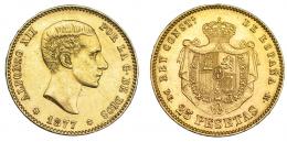 ALFONSO XII. 25 pesetas. 1877 *18-77. Madrid. MSM. VI-104. Pequeñas marcas. EBC.