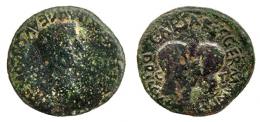 TARRACO. As. Tiberio. A/ Cabeza a der.; TI CAESAR DIVI AVG F AVG PONT MAX IMP. R/ Cabezas afrontadas de Germánico y Druso; DRVSVS GERMANICVS CAESARES, C-V-T. AE 7,58 g. 24 mm. RPC-232. APRH-232. ACIP-3272. CC-4499, mismo ejemplar. Pátina verde oscuro. RC/BC+. 
