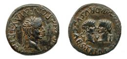 TARRACO. As. Tiberio. A/ Cabeza laureada a der.; (TI CAES) AVG PONT MAX TRIB P(OT). R/ Cabezas afrontadas de Druso y Livia; DRVSVS CAES TRIB POT (IVL AVGVS)TA, C-V-T. AE 9,22 g. 24 mm. RPC-233. APRH-233. ACIP-3273. CC-4501, mismo ejemplar. Pátina oscura. MBC+/MBC. 