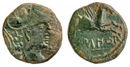 EMPORIAE. Unidad. Finales s. I a.C.-principios s. I d.C. A/ Cabeza de Minerva a der. R/ Pegaso volando a der., delante corona, debajo EMPOR. AE 11,53 g. 26 mm. RPC-S5 235/9, esta moneda. APRH-235 vte.  ACIP-1062 vte. CC-4505, mismo ejemplar. Rayitas de cauñación. Pátina verde. MBC. Muy rara.
