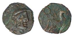 EMPORIAE. Unidad. Finales s. I a.C.-principios s. I d.C. A/ Cabeza de Minerva a der. Contramarca QVAIS. R/ Pegaso volando a der., delante corona, debajo (EMPOR). AE 11,35 g. 26 mm. RPC-235. APRH-235 vte.  ACIP-1063, mismo ejemplar. CC-4506, mismo ejemplar. Vanos y grieta. MBC. Muy rara.