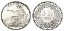 1261 - SUIZA. 5 francos. 1874 B. KM-11. B.O. SC. Rara en esta conservación.
