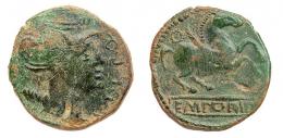 EMPORIAE. Unidad. Finales s. I a.C.-principios s. I d.C. A/ Cabeza de Minerva a der., delante CILCQ. R/ Pegaso volando a der., detrás corona, debajo ley. EMPORI en cartela. AE 9,47 g. 29 mm. RPC-237. APRH-237c.  ACIP-1065. CC-4510, mismo ejemplar. Pátina verde. MBC-/MBC. Escasa.