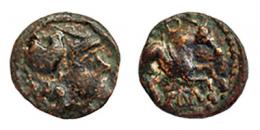 EMPORIAE. Cuadrante. Finales s. I a.C.-principios s. I d.C. A/ Cabeza de Minerva a der. R/ Pegaso volando a der., encima corona, debajo EM. AE 2,02 g. 14 mm. RPC-239. APRH-239a.  ACIP-1069. CC-4513, mismo ejemplar. MBC-. 