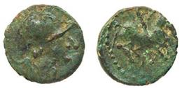 EMPORIAE. Cuarto. Finales s. I a.C.-principios s. I d.C. A/ Cabeza femenina con casco a der. R/ Pegaso volando a der., encima corona, debajo IM. AE 1,44 g. 14 mm. RPC-239. APRH-239b.  ACIP-1070. CC-4516, mismo ejemplar. Pátina verde. MBC-/BC+. 