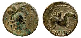 EMPORIAE. As. Finales s. I a.C.-I d.C. A/ Cabeza de Minerva a der.; (L C) C RQ. R/ Pegaso a der., encima corona, debajo EMPOR. AE 7,73 g. 16 mm. RPC-240. APRH-240. ACIP-1071. CC-4518, mismo ejemplar. Rayas de acuñación. Pátina verde. MBC-. Rara.