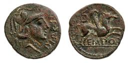 EMPORIAE. As. Finales s. I a.C.-I d.C. A/ Cabeza de Minerva a der.; PIPCSM(Q). R/ Pegaso a der., encima corona, debajo EMPOR. AE 10,30 g. 27 mm. RPC-242. APRH-242. ACIP-1075. CC-4519, mismo ejemplar. MBC-. Muy escasa.