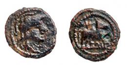 EMPORIAE. Cuarto. Finales s. I a.C.-I d.C. A/ Cabeza de Minerva a der. R/ Pegaso a der., encima corona, debajo EMP. AE 1,85 g. 14 mm. RPC-244. APRH-244. ACIP-1078. CC-4521, mismo ejemplar. Pátina oscura. MBC-. Muy escasa.