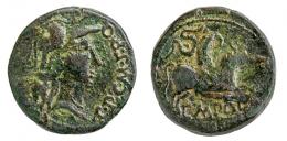 EMPORIAE. As. Finales s. I a.C.-I d. C. A/ Cabeza de Minerva a der., delante CPCMSRQ. R/ Pegaso a der., encima corona, debajo EMPOR. AE 10,01 g. 28 mm. RPC-245. APRH-245a. ACIP-1079. CC-4522, mismo ejemplar. Pátina verde rugosa. BC+. Muy escasa.