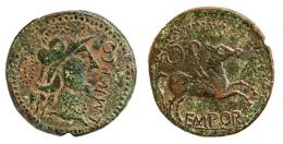 EMPORIAE. As. Finales s. I a.C.-I d. C. A/ Cabeza de Minerva a der., delante L M RVF P C Q. R/ Pegaso a der., encima corona, debajo EMPOR. AE 11,12 g. 29 mm. RPC-246. APRH-246a. ACIP-1080. CC-4523, mismo ejemplar,  Pátina verde. MBC-. Escasa.