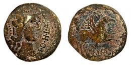 EMPORIAE. As. Finales s. I a.C.-I d. C. A/ Cabeza de Minerva a der., delante MOH L AF Q. R/ Pegaso a der., encima corona, debajo EMPOR. AE 6,85 g. 25 mm. RPC-247. APRH-247b. ACIP-1082. CC-4524, mismo ejemplar,  BC+/BC-. Muy escasa.