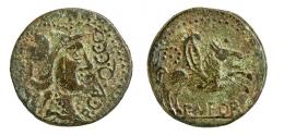 EMPORIAE. As. Finales s. I a.C.-I d. C. A/ Cabeza de Minerva a der., delante P C PV Q C C Q. R/ Pegaso a der., encima corona, debajo EMPOR. AE 8,37 g. 27 mm. RPC-248. APRH-248. ACIP-1084. CC-4525, mismo ejemplar. Pátina verde. MBC/MBC-. Escasa.