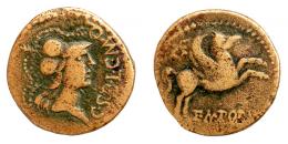 EMPORIAE. As. Finales s. I a.C.-I d. C. A/ Cabeza de Minerva a der., delante C S B L C M Q. R/ Pegaso a der., encima corona, debajo EMPORI(T?). AE 7,79 g. 27 mm. RPC-249. APRH-249. ACIP-1085. CC-4526, mismo ejemplar. BC+. Rara.