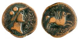 EMPORIAE. As. Finales s. I a.C.-I d. C. A/ Cabeza de Minerva a der., delante CN C GR L CF (A Q). R/ Pegaso a der., encima corona, debajo EMPORI. AE 11,98 g. 27 mm. RPC-251. APRH-251a. ACIP-1088. CC-4528, mismo ejemplar. Rayas de acuñación. MBC-. Muy escasa.