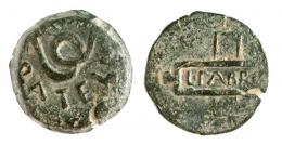CARTHAGO NOVA. Semis (mediados-2ª mitad s. I a.C.). A/ Serpiente a izq.; P ATELLI. R/ Dos cartelas cruzadas; en la horizontal L. FABRIC. AE 11,01 g. 24 mm. RPC-146. APRH-146 (esta pieza ilustrada). ACIP-2525. CC-4360, mismo ejemplar. Pequeña grieta. Pátina verde oscuro. MBC+. Rara.