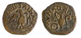 25 - CARTHAGO NOVA. Semis (mediados-finales s. I a.C.). A/ Águila a der. sobre haz de rayos, delante lituus; L IVNIVS II V(IR) QVIN AVG…). R/ Pátera, jarra y lituus; (L ACILIVS) II VIR QVIN AVG. AE 5,84 g. 21 mm. RPC-152. APRH-152a. ACIP-2532. CC-4367, mismo ejemplar. BC+.