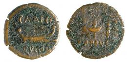 CARTHAGO NOVA. Semis (mediados-finales s. I a.C.). A/ Aquila entre dos signa; L APPVLEI RVF QVINQ. R/ Galera a der.; C MAECI/QVINQ. AE 5,06 g. 23 mm. RPC-155. APRH-155b. ACIP-2536. CC-4372, mismo ejemplar. MBC-/BC+. Rara.
