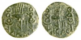 ACCI. Semis. Augusto. A/ Aquila entre dos signa; II/ C I G AC. R/ Similar al anv. AE 4,93 g. 21 mm. RPC S2I-134/6 mismo ejemplar. APRH-134 (esta moneda ilustrada). ACIP- 3002a, mismo ejemplar. CC-4329, mismo ejemplar*. Pátina verde rugosa. MBC. Rara.