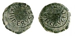 CARTHAGO NOVA. Cuadrante. Augusto. A/ HIBERVS (II QVI)N. R/ C LVCI PF (II V QV)IN. AE 2,63 g. 17 mm. RPC-161. APRH-161B, este ejemplar ilustrado. ACIP-2543, mismo ejemplar. CC-4381, mismo ejemplar. Algo descentrada. Pátina verde oscuro. MBC. Rarísima.