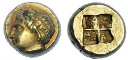 GRECIA ANTIGUA. JONIA. Focea. Hekte (377-326 a.C.). A/ Cabeza de Dionisos a izq. R/ Cuadrado incuso cuatripartito. El 2,54 g. 9,2 mm. COP-1026. SBG-No. MBC+.