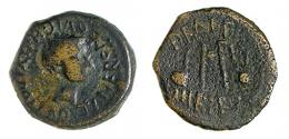 CARTHAGO NOVA. Semis. ¿Augusto? A/ Cabeza de ¿Tiberio? a der. TI NERONE QVIC C HELVI (POLL PR). R/ Instrumentos sacerdotales; PRAEF/ HIBERO. AE 5,22 g. 20 mm. RPC-166. APRH-166. ACIP-3136. CC-4387, mismo ejemplar. Pátina oscura. BC+. Escasa.