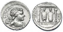 REPÚBLICA ROMANA. EGNATIA. Denario. Roma (75 a.C.). A/ Busto de Cupido a der. con arco y carcaj; MAXSVMVS. R/ Júpiter y Libertas de frente bajo templo dístilo; a izq. XXIIII, a der. CN N, exergo C. EGNATIVS CN F. AR 4,06 g. 20,01 mm. CRAW-391.2. FFC-691. MBC+/MBC. Muy escasa. 