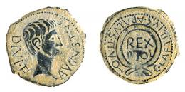 CARTHAGO NOVA. Semis. Augusto. A/ Cabeza a der.; AVGVSTVS DIVI F. R/ Corona rodeando REX /PTOL; C LAETILIVS APALVS II VQ. AE 5,48 g. 20 mm. RPC 172 vte. APRH-172a vte. ACIP-3142a, mismo ejemplar. CC-4397, mismo ejemplar. Pátina verde terrosa. MBC.