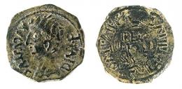 CARTHAGO NOVA. Semis. Augusto. A/ Cabeza a izq.; AVGVSTVS DIVI F. R/ Corona rematada en creciente y loto (poco visible) rodeando REX /PTOL; C LAETILIVS APALVS II VQ. AE 5,71 g. 21 mm. Posiblemente reacuñada. RPC 173. APRH-173b. ACIP-3143a. CC-4402, mismo ejemplar. Pátina verde oscuro. MBC/BC+.