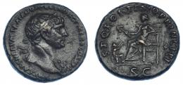 513 - IMPERIO ROMANO. TRAJANO. As. Roma (103-111). A/ Cabeza laureada a der. con égida sobre el hombro; MP CAES NERVAE TRAIANO AVG GER DAC P M TR P COS V P P. R/ Pax sentada a izq. con rama y cetro, a sus pies dacio; SPQR OPTIMO PRINCIPI, exergo SC. AE 11,35 g. 26,5 mm. Pátina verde rugosa. MBC.