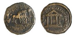 CARTHAGO NOVA. Semis. Augusto. A/ Caudriga a der.; (P)TVRV(LLI)O V INK QVINQGN/ II VIR. R/ Templo tetrástilo con inscripción AVGVSTO; M POSTV ALBINVS (II VIR QVIN)Q ITER, en campo (V)I-NK. AE 5,01 g. 20 mm. RPC-174. APRH-174 d. ACIP-3144c. CC-4403, mismo ejemplar corr. BC+.