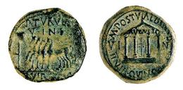 CARTHAGO NOVA. Semis. Augusto. A/ Cuadriga a izq., delante vexillum; P TVRVLL/ VINK (II)/ VIR (QVINQ). R/ Templo tetrástilo con inscripción AVGVSTO; M POST ALBINII VIR QVINQ (ITER), en campo V I-N (K). AE 5,28 g. 19 mm. RPC-175. APRH-175a. ACIP-3145. CC-4404, mismo ejemplar. Pátina verde oscuro. BC+/MBC.