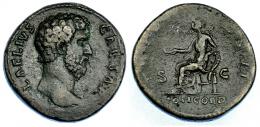 548 - IMPERIO ROMANO. AELIO. Sestercio. Roma (137). A/ Cabeza a der.; L AELIVS CAESAR. R/ Concordia sentada a izq. con pátera y apoyada en cornucopia; TR POT COS II SC, exergo CONCORD. AE 22,10 g. 31,6 mm. RIC-2650. Pátina oscura rugosa. MBC/MBC-.