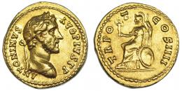 550 - IMPERIO ROMANO. ANTONINO PÍO. Áureo. Roma (147). A/ Busto laureado y con coraza a der.; ANTONINVS AVG PIVS P P. R/ Roma sentada a izq. con palladium, lanza y escudo junto a ella; TR POT COS IIII. AU 7,19 g. 20,3 mm. RIC-147. Pequeñas marcas. MBC+. R.B.O. Ex Artcurial (2016).