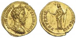 556 - IMPERIO ROMANO. MARCO AURELIO. Áureo. Roma (175). A/ Busto laureado, drapeado y con coraza a der.; M ANTONINVS AVG GERM SARM. R/ Felicitas a izq. con caduceo y cetro; TR P XXIX IMP VIII COS III. AU 7,29 G. 19,8 mm. RIC-332. Rara vte. de busto. EBC. Ex Künker 216, 2012.
