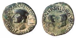 CARTHAGO NOVA. As. Tiberio. A/ Cabeza a izq.; TI CAESAR DIVI AVGVSTI AVGVSTVS P M. R/ Cabezas afrontadas de Nerón y Druso; NERO ET DRVSVS CAESARES QVINQ C V I N C. Contramarca IS en anv. AE 11,13 g. 29 mm. RPC-179. APRH-179. ACIP-3149. CC-4409, mismo ejemplar. Pátina verde. BC+/BC.