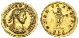 579 - IMPERIO ROMANO. PROBO. Áureo. Siscia (277). A/ Busto laureado, drapeado y con coraza a der.; IMP C M AVR PROBVS AVG. R/ Sol a der. mirando atrás, sosteniendo globo; ORIENS AVGVSTI, exergo SIS. AU 6,63 g. 21,1 mm. RIC-590. Grafitos en rev. y pequeñas marcas. EBC-. Muy rara. Marco Aurelio Probo, oriundo de Sirmium (Panonia), pertenece al llamado grupo de emperadores ilirios, que destacó por sus éxitos militares. Probo hizo una importante carrera en el ejército llena de éxitos durante varios reinados, fue uno de los principales lugartenientes de Aureliano, que le encargó recuperar Egipto, ocupado por las tropas de la reina Zenobia de Palmira, y Tácito le dio el mando supremo en Oriente (dux orientis), por lo cual, tras la muerte del emperador, sus tropas le aclamaron como nuevo soberano (276), aunque él pidió la confirmación al senado, que se la dio de forma inmediata. Ya en 277 consiguió el título de Gothicus tras derrotar a este pueblo en el Danubio, para luego derrotar a francos, lugios y alamanes y asegurar las fronteras de la Galia y los Alpes, recuperando los Campos Decumanos. Este extraordinario áureo, realizado en la ceca panonia de Siscia, usa como reverso un modelo donde el protagonista es el Sol, sin ningún añadido, que ya fue utilizado en esta ceca en piezas de oro y plata de Aureliano, aunque con la leyenda Restitutor Oriens, y sin duda esta reutilización fue una muestra de que Probo quería seguir su política de fortalecimiento militar del Imperio. Además en 274 Aureliano, tras sus grandes victorias en Oriente, había ordenado que el culto al Sol Invictus fuera el principal del panteón romano y que en todo el Imperio se considerara como un culto “imperial” que pudiera coexistir junto con el resto de divinidades de todos los pueblos del Estado, formalizando así una tradición de protagonismo de este culto, presente al menos en las monedas desde época de Gordiano III, tal vez con origen en las tradiciones sirias llevadas a Roma por Heliogábalo y su familia.