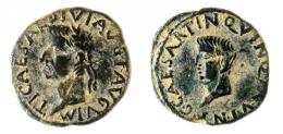 CARTHAGO NOVA. As. Tiberio. A/ Cabeza laureada a der.; TI CAESAR DIVI AVG F AVGV P M. R/ Cabeza a izq.; C CAESAR TI N QVINQ C V I N K. AE 13,42 g. 28 mm. RPC-182. APRH-182g. ACIP-3152f. CC-4413, mismo ejemplar. Pátina verde. MBC.